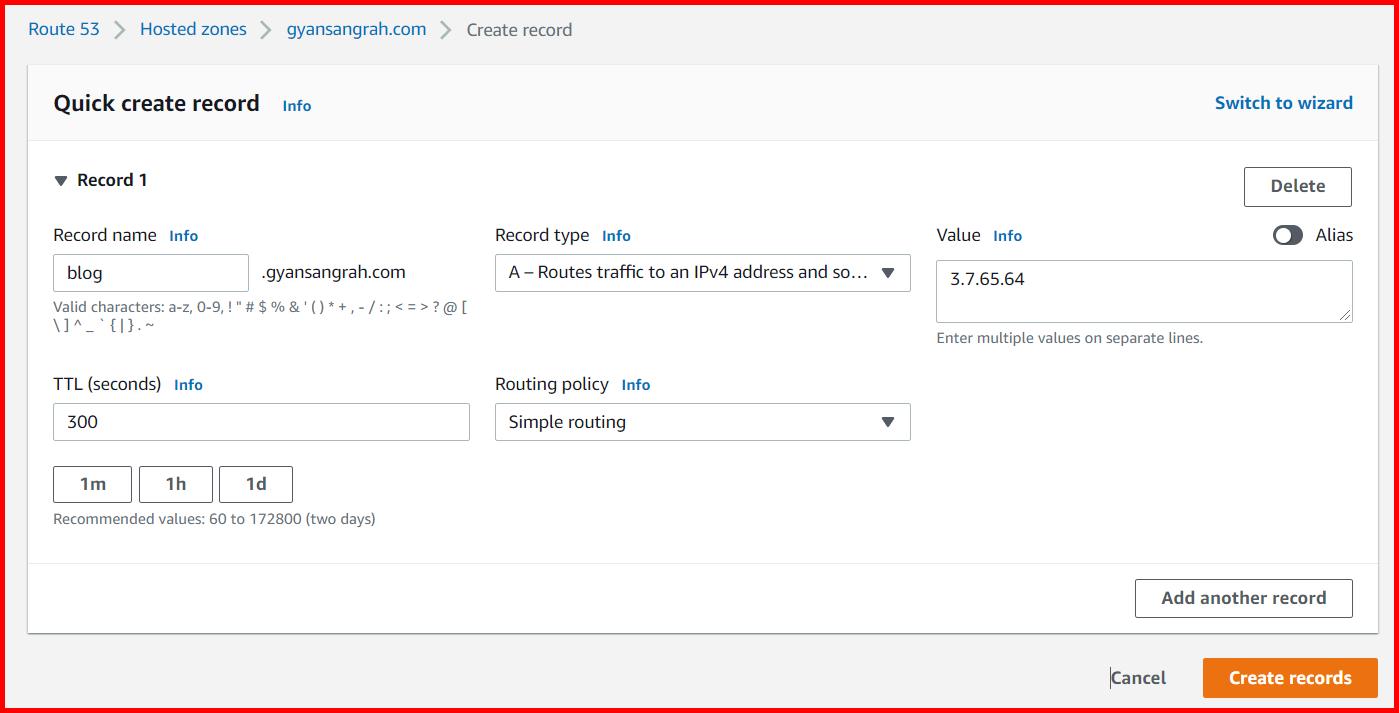 Picture showing the new record inserted inside the hosted zone